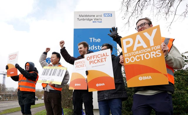 File photo dated 13/3/2023 of striking NHS junior doctors on the picket line outside the Maidstone Hospital in Maidstone, Kent