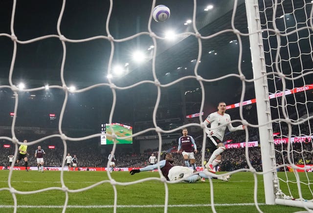 Liverpool’s Darwin Nunez shoots over an open goal against Aston Villa