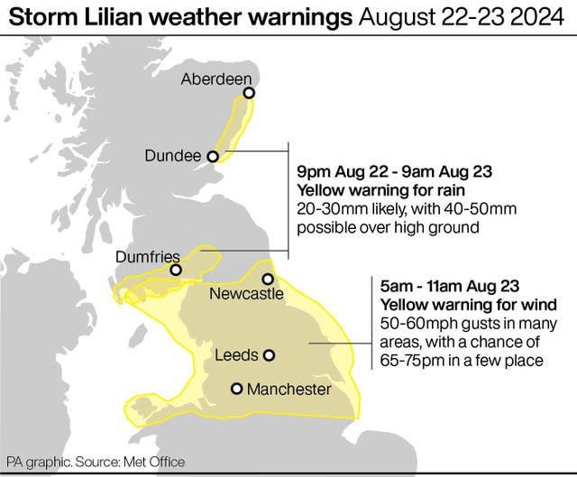 Map of Britain showing weather warnings