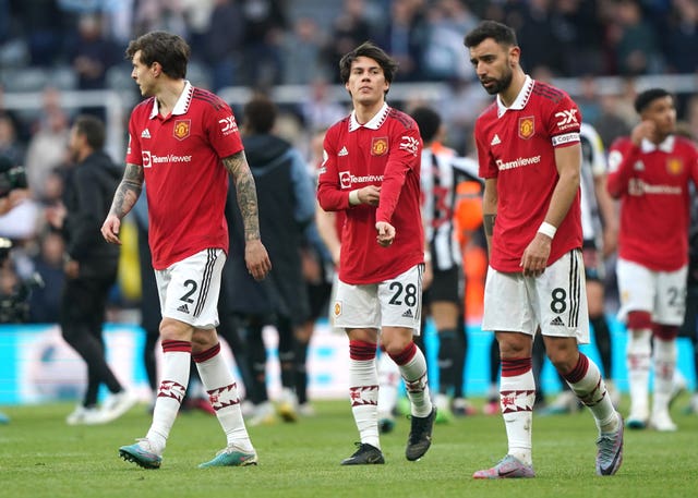 Manchester United’s Victor Lindelof (left), Facundo Pellistri and Bruno Fernandes look dejected after the final whistle at St James’ Park