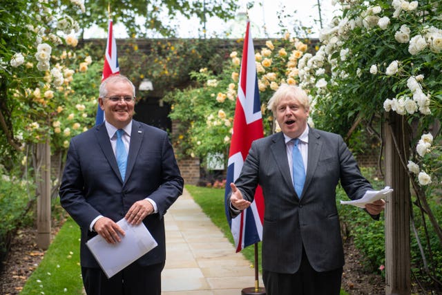 Boris Johnson with Australian Prime Minister Scott Morrison after agreeing the broad terms of a free trade deal between the UK and Australia