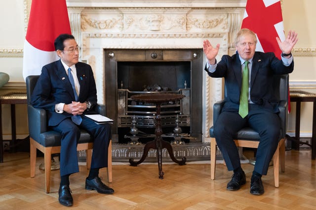 Prime Minister Boris Johnson (right) welcomes Japanese Prime Minister Fumio Kishida at 10 Downing Street