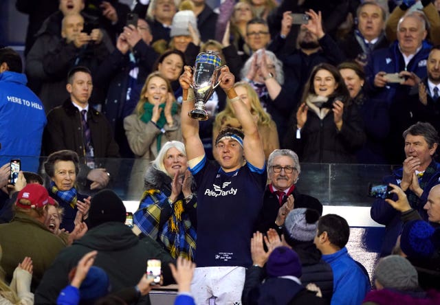 Scotland captain Jamie Ritchie lifts the Doddie Weir Cup 