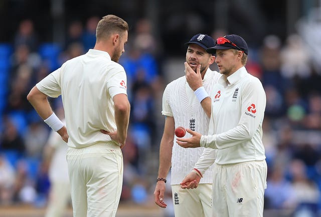 Joe Root, centre, is mulling over whether to unleash Stuart Broad and James Anderson in tandem (Nigel French/PA)