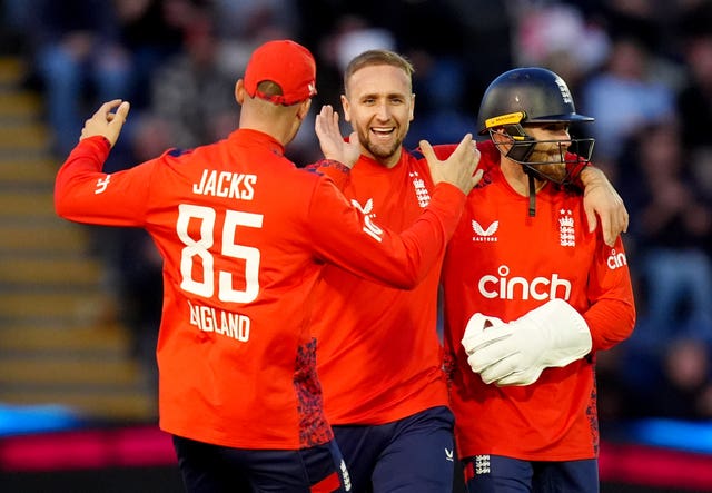 England’s Liam Livingstone (centre) celebrates with England’s Phil Salt (right) and Will Jacks