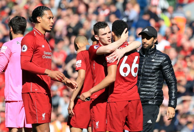 Virgil Van Dijk, Andy Robertson and Trent Alexander-Arnold, l-r