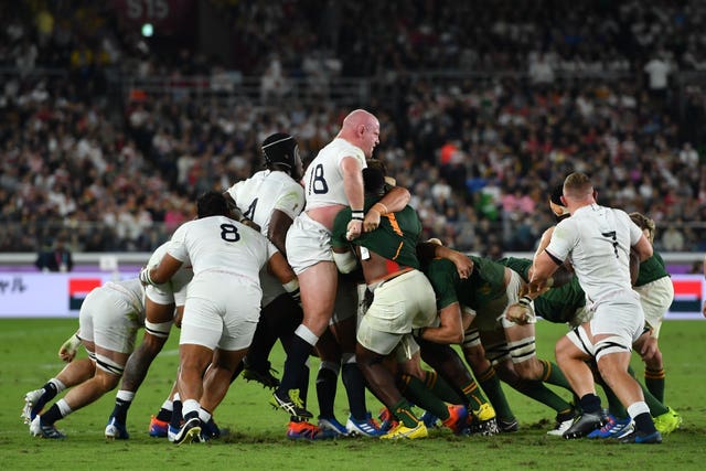 Dan Cole, centre left, is lifted off the ground by the South Africa pack in the 2019 World Cup final