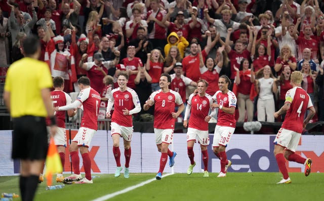 Joakim Maehle celebrates scoring Denmark's second 