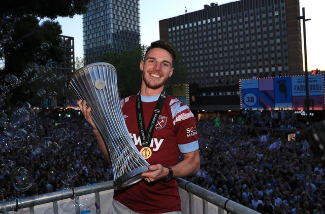 Declan Rice with the Europa Conference League trophy 