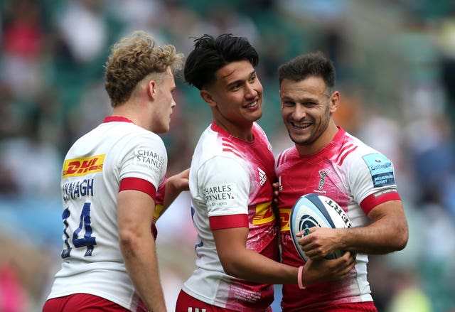 Marcus Smith, middle, and Danny Care, right during Harlequins' victory over Exeter in the 2021 Gallagher Premiership final