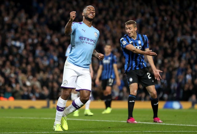 Raheem Sterling celebrates the first of his three goals against Atalanta