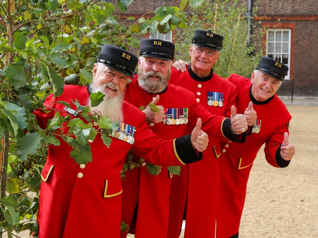 Chelsea Pensioners with trees from The Queen’s Green Canopy