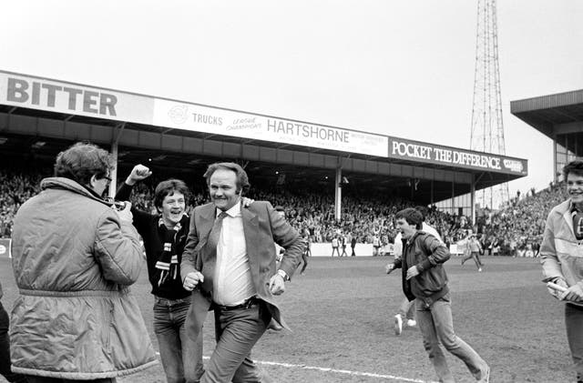 Manchester United manager Ron Atkinson joined in with the post-match celebrations. (PA Archive/PA Images)