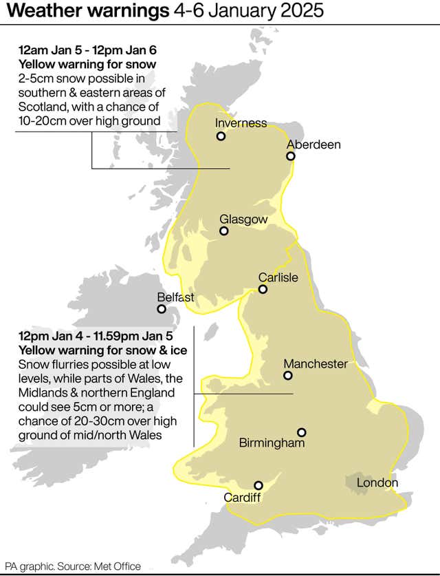 Map of UK with weather warning areas highlighted in yellow