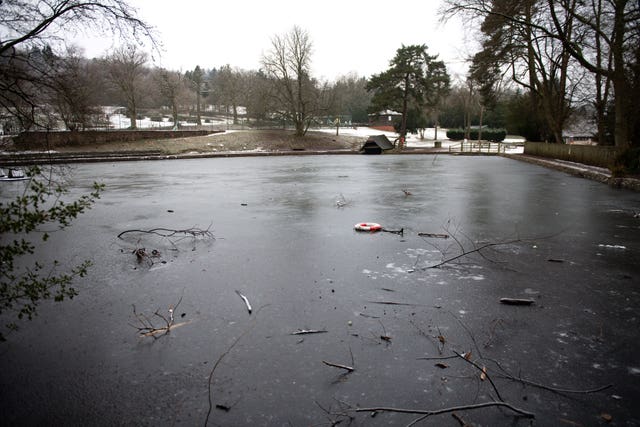 A frozen lake in the Lickey Hills area of Birmingham