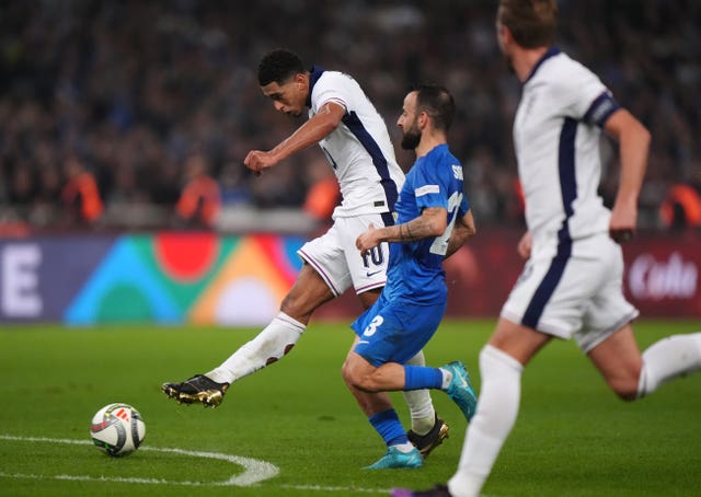 England’s Jude Bellingham fires in a shot from the edge of the box which ended up going in off Greece goalkeeper Odysseas Vlachodimos 