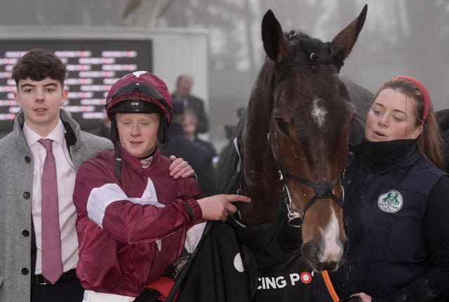 Jockey Sam Ewing with Croke Park after their victory at Leopardstown 