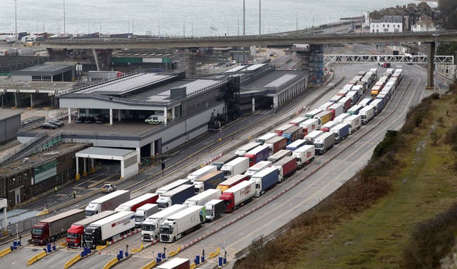 Lorries queue to leave the UK in Dover, Kent (Gareth Fuller/PA)
