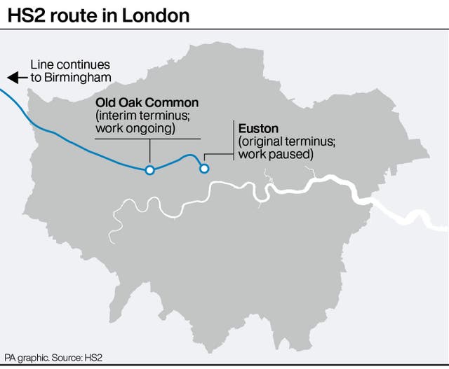 Graphic showing the HS2 route in London and highlighting the section between Old Oak Common and Euston