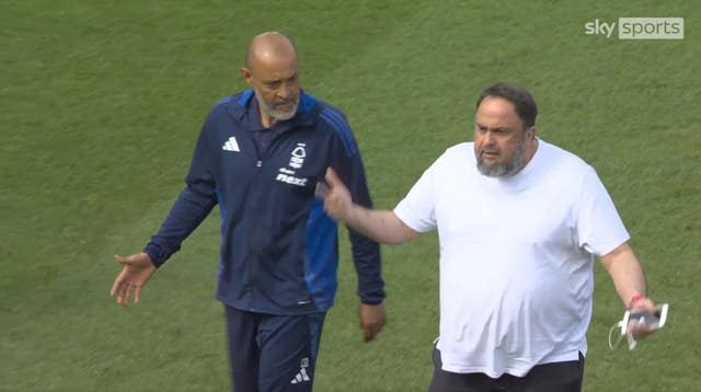 Screengrab from the X feed of Sky Sports News of an incident between Nottingham Forest manager Nuno Espirito Santo and club owner Evangelos Marinakis 
