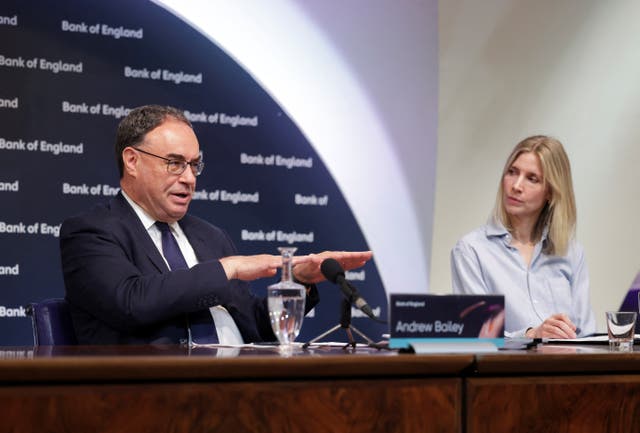 Andrew Bailey during the Bank of England Monetary Policy Report press conference at the Bank of England in London