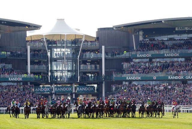 Runners and riders at the start of the Randox Grand National Handicap Chase on day three of the Randox Grand National Festival at Aintree Racecourse 