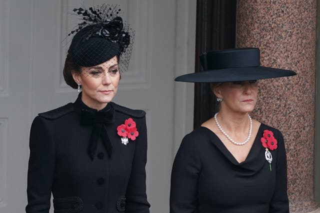 Kate and Sophie on the balcony at the Foreign, Commonwealth and Development Office during the Remembrance Sunday service at the Cenotaph