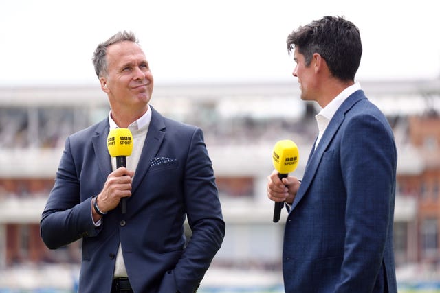 Michael Vaughan and Sir Alastair Cook commentating for BBC Sport.