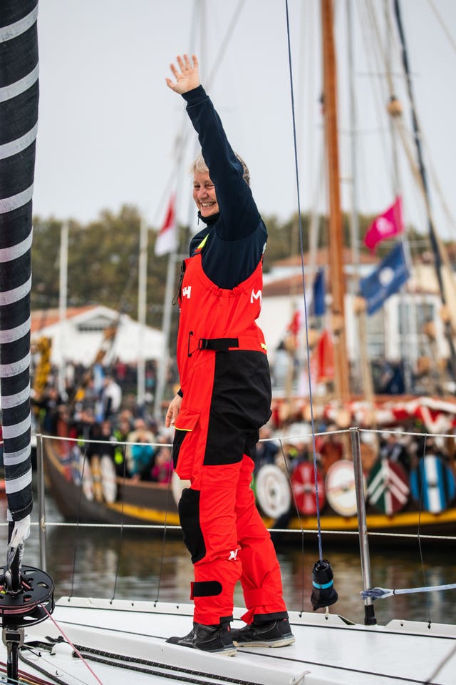 British yachtswoman Pip Hare says goodbye before setting sail in the solo, non-stop 24,300-mile Vendee Globe race in her 60ft yacht Medallia at Les Sables d’Olonne, France 