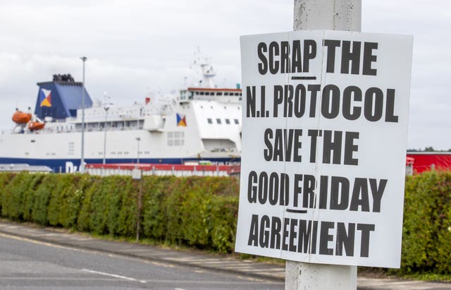 An anti-Northern Ireland Protocol sign close to Larne Port, as a Bill to amend the Northern Ireland Protocol unilaterally will be introduced in Parliament today, amid controversy over whether the legislation will break international law