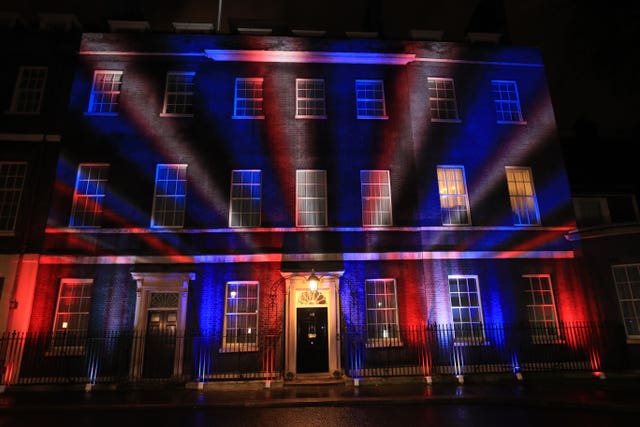 The Union flag colours projected onto 10 Downing Street after the UK left the European Union