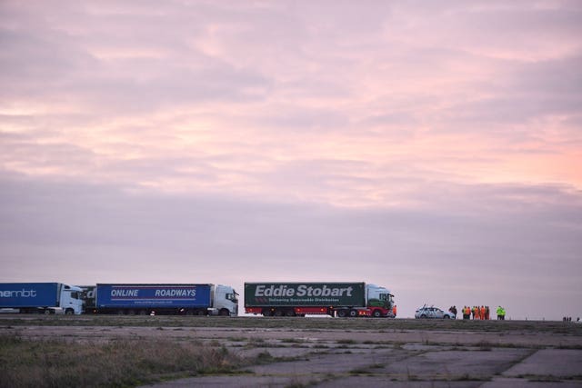 Lorries begin to line up during a trial at the former Manston Airport site in Kent