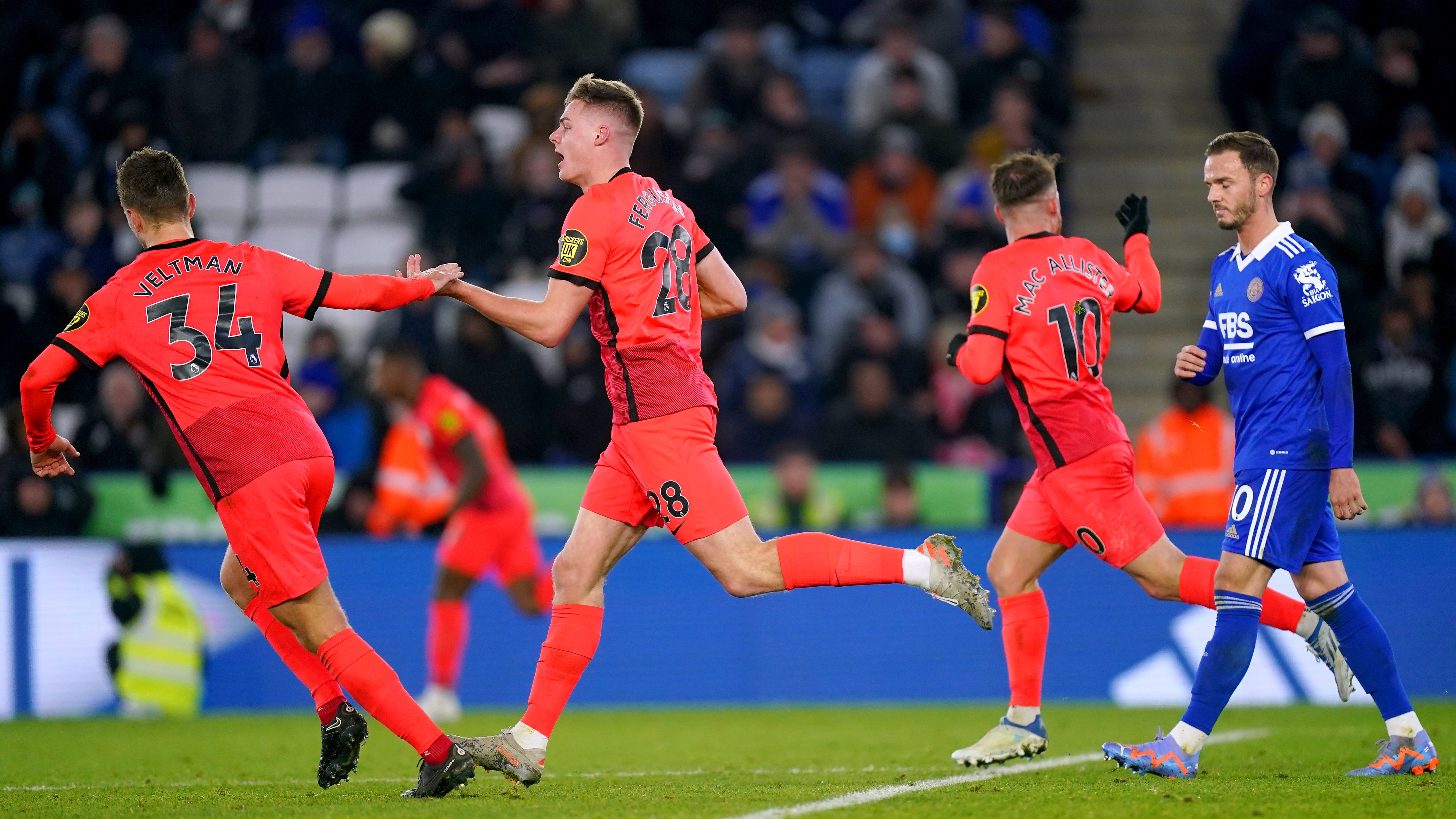 Brighton’s Evan Ferguson (centre) scored a late leveller at Leicester (Mike Egerton/PA)