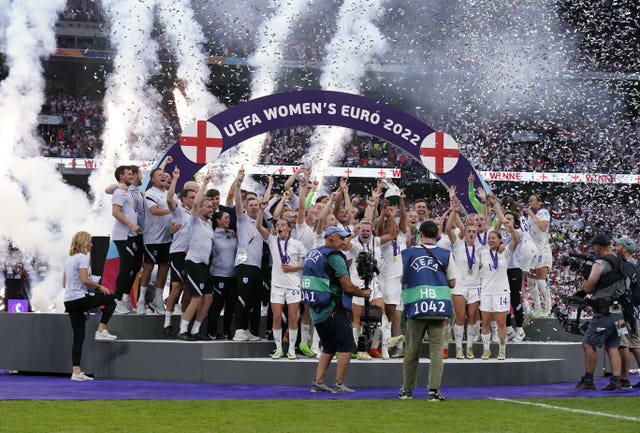 England players celebrate with the trophy following victory over Germany in the Euro 2022 final at Wembley