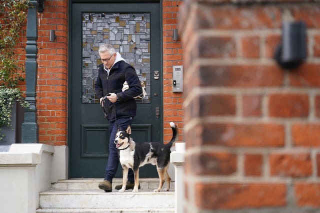 Match Of The Day host Gary Lineker leaves his home in Lo<em></em>ndon with his dog (James Manning/PA)