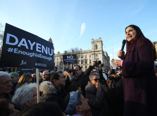 Labour MP Luciana Berger speaks during a protest against anti-Semitism in the Labour party in Parliament Square, London (Yui Mok/PA)