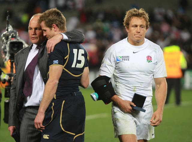 Chris Paterson, centre, made his final Scotland appearance in the 2011 World Cup defeat to England
