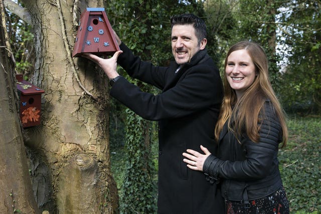 David and Sam Mackie from Basingstoke with bird boxes
