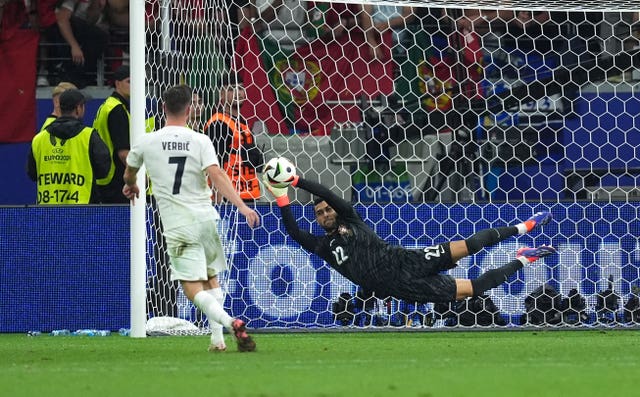 Slovenia’s Benjamin Verbic’s penalty is saved by Portugal goalkeeper Diego Costa during a shoot-out at Euro 2024