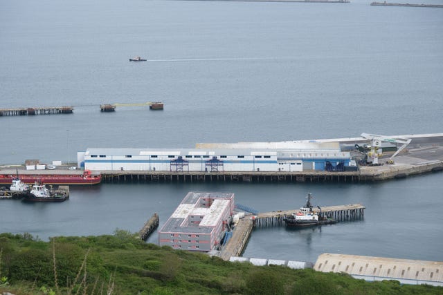 A view of the Bibby Stockholm barge at Portland Port in Dorset. 