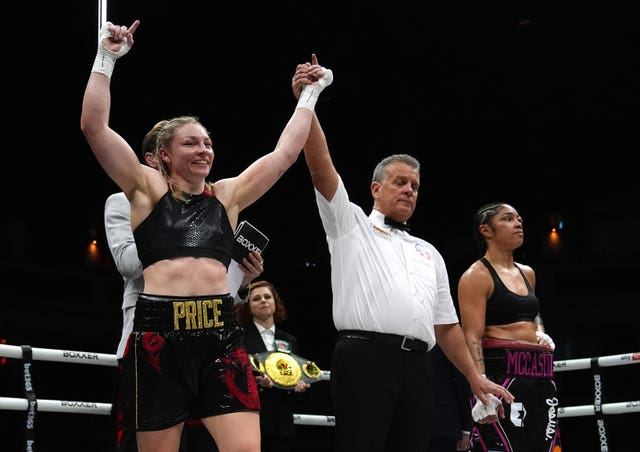 Lauren Price (left) celebrates victory against Jessica McCaskill 
