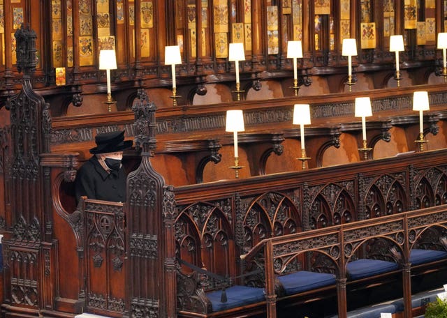 The Queen Elizabeth at the funeral of her husband, the Duke of Edinburgh, in St George’s Chapel, Windsor Castle