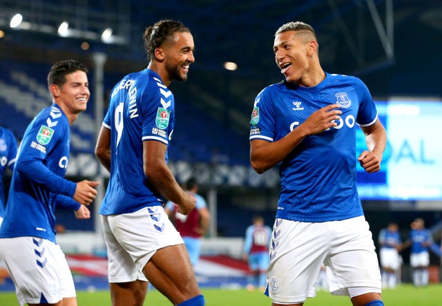 Everton's James Rodriguez, Dominic Calvert-Lewin and Richarlison celebrate together