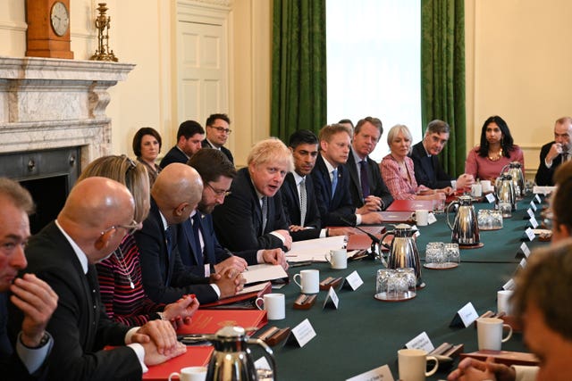 (left to right) Welsh Secretary Simon Hart, Education Secretary Nadhim Zahawi, Anne-Marie Trevelyan Secretary of State for International Trade and President of the Board of Trade, Health Secretary Sajid Javid, Cabinet Secretary Simon Case, Prime Minister Boris Johnson, Chancellor of the Exchequer Rishi Sunak, Transport Secretary Grant Shapps, Scottish Secretary Alister Jack, Culture Secretary Nadine Dorries, Minister for Brexit Opportunities and Government Efficiency in the Cabinet Office Jacob Rees-Mogg, and Attorney General Suella Braverman during a Cabinet meeting