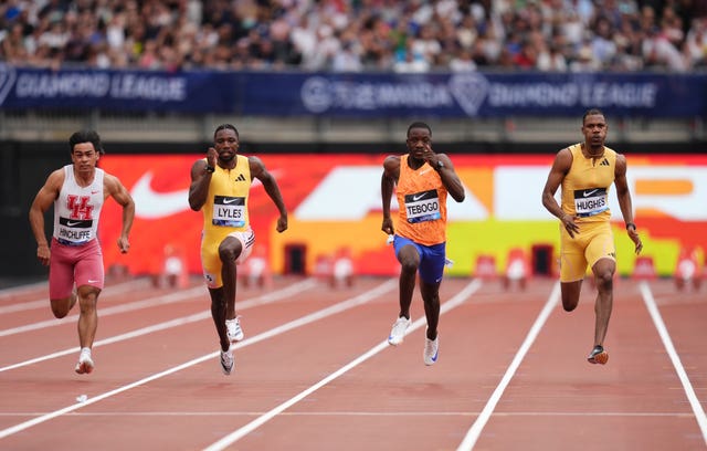 Louie Hinchliffe, Noah Lyles, Letsile Tebogo and Zharnel Hughes, left to right, in the men’s 100m