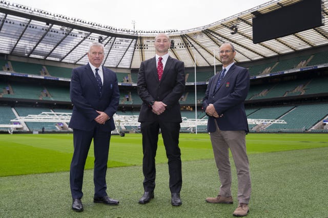 RFU chief executive officer Bill Sweeney, England men’s head coach Steve Borthwick and former RFU chairman Tom Ilube during a photocall at Twickenham Stadium