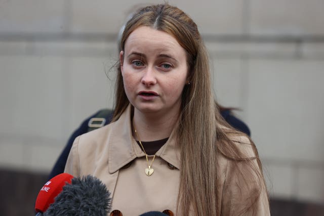 Chloe Mitchell’s sister Nadine Mitchell speaking to the media outside Belfast Crown Court