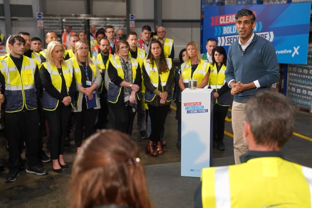 Prime Minister Rishi Sunak speaking to staff during a visit to DCS Group in Banbury, Oxfordshire