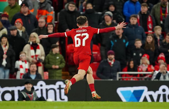 Liverpool’s Lewis Koumas celebrates scoring 