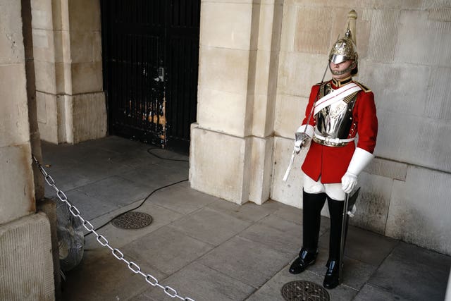 A member of the Household Troop had a fan placed next to him at Horse Guards Parade in central London (Aaron Chown/PA)